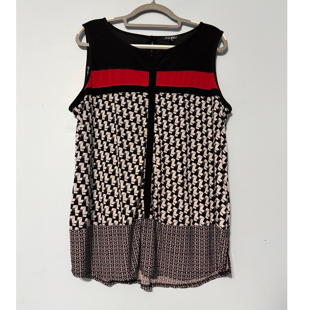 Roz & Ali Women's 1X Sleeveless Geometric Print Blouse Red Black White Top 2371
